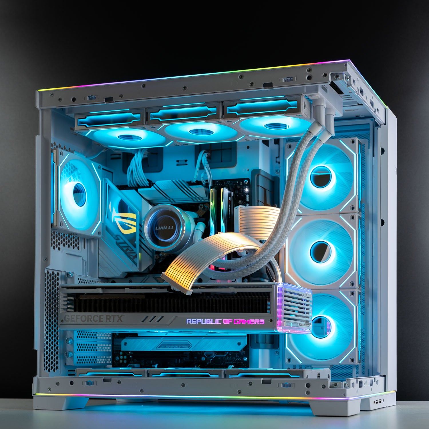 White Intel custom gaming PC with RGB lighting – Intel Core i7-14700K with ASUS ROG Strix RTX 4080 Super 16GB, 32GB DDR5, 4TB SSD in Lian Li O11D EVO case, built for ultra 4K gaming and content creation in Australia