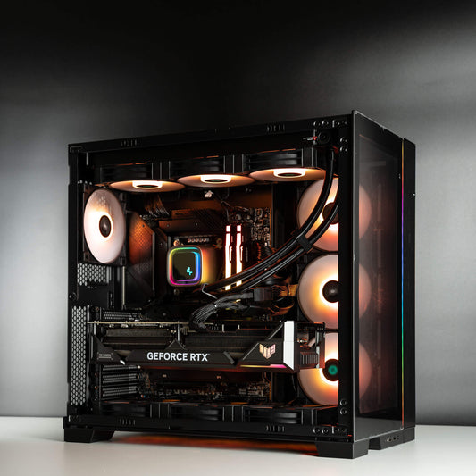 Black Intel custom gaming PC with RGB lighting – Intel Core i9-14900K with ASUS TUF RTX 4090 24GB, 32GB DDR5, 4TB SSD in a high-end case, built for 4K and 8K gaming and content creation in Australia