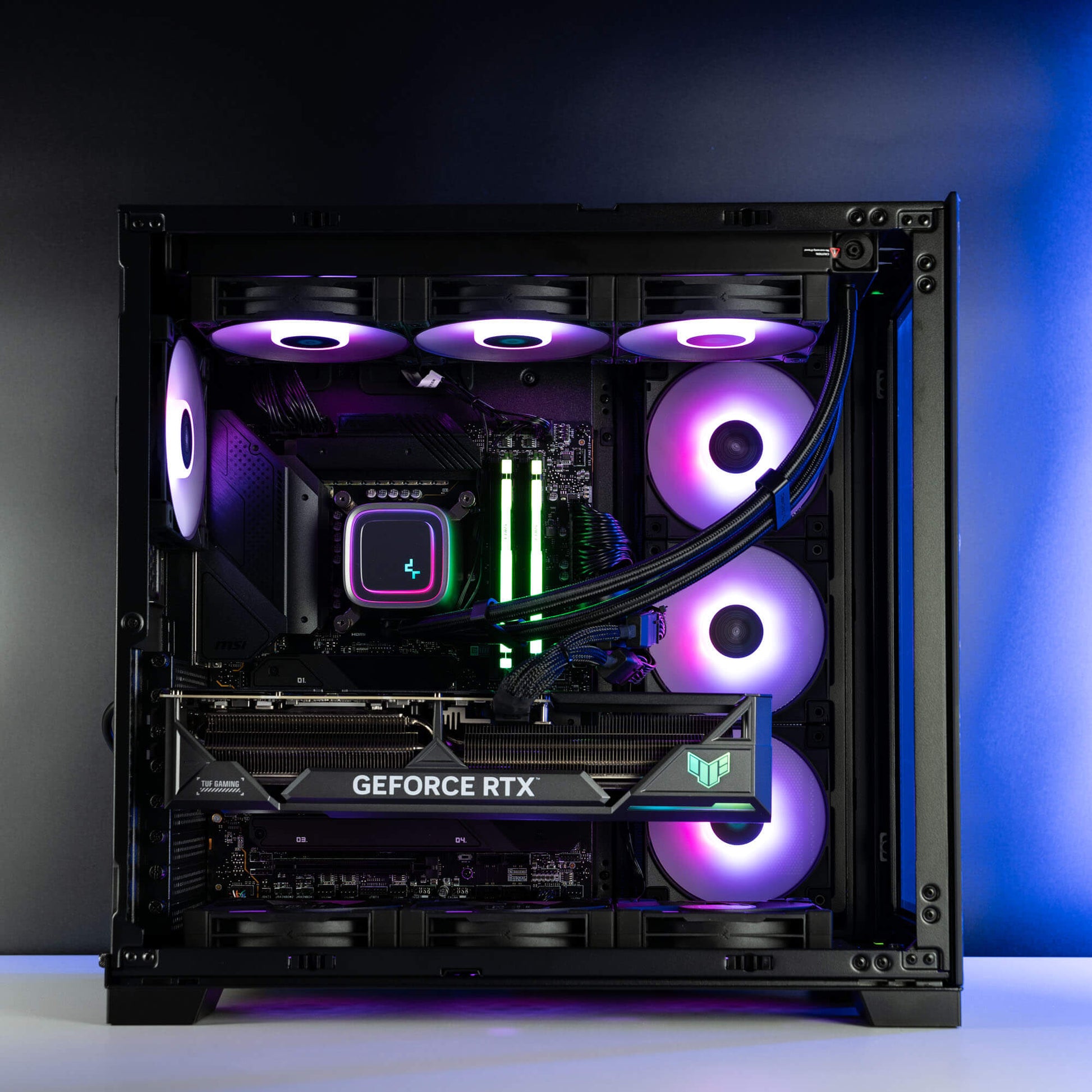 Black Intel custom gaming PC with RGB lighting – Intel Core i9-14900K with ASUS TUF RTX 4090 24GB, 32GB DDR5, 4TB SSD in a high-end case, built for 4K and 8K gaming and content creation in Australia