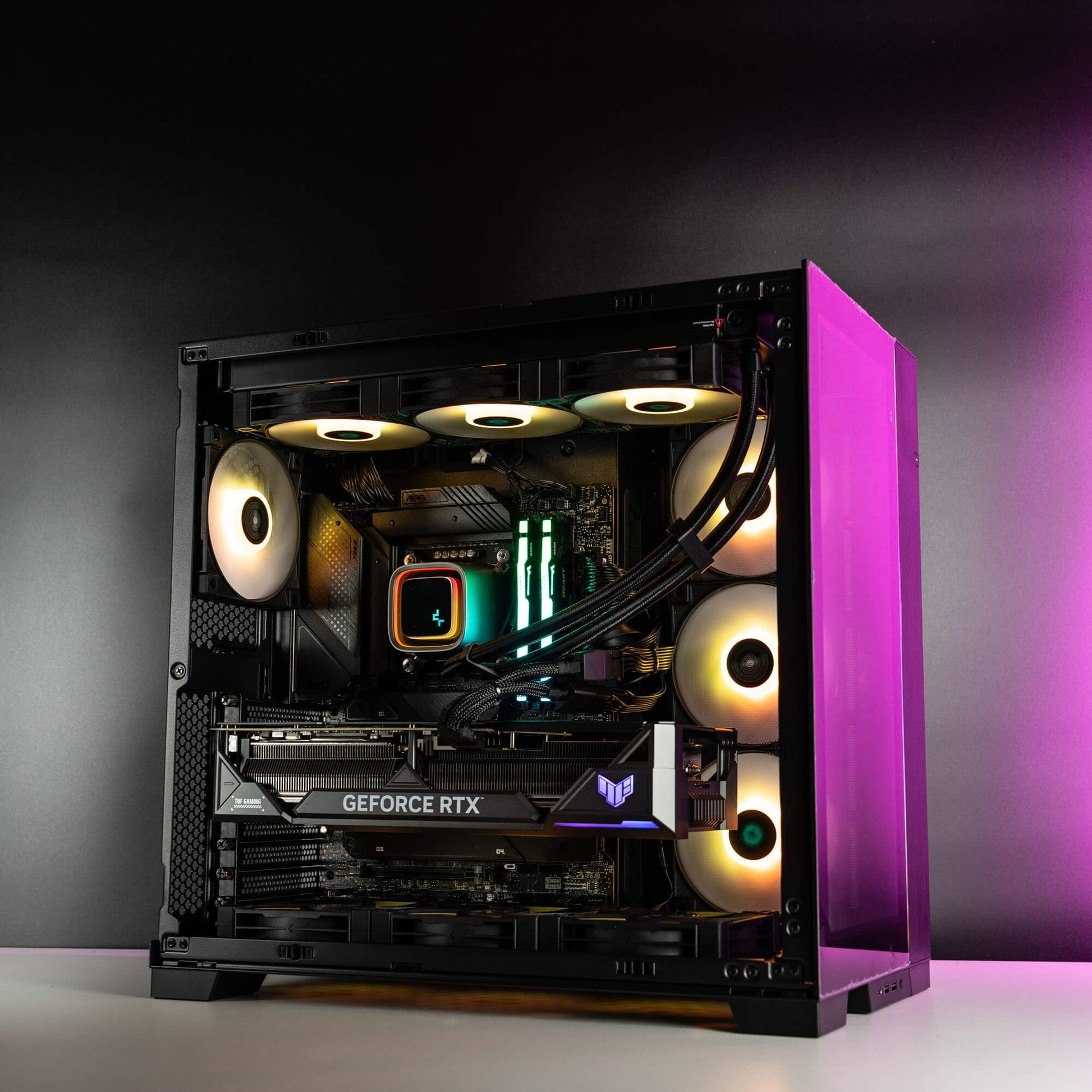 Black Intel custom gaming PC with RGB lighting – Intel Core i9-14900K with ASUS TUF RTX 4090 24GB, 32GB DDR5, 4TB SSD in a high-end case, built for 4K and 8K gaming and content creation in Australia