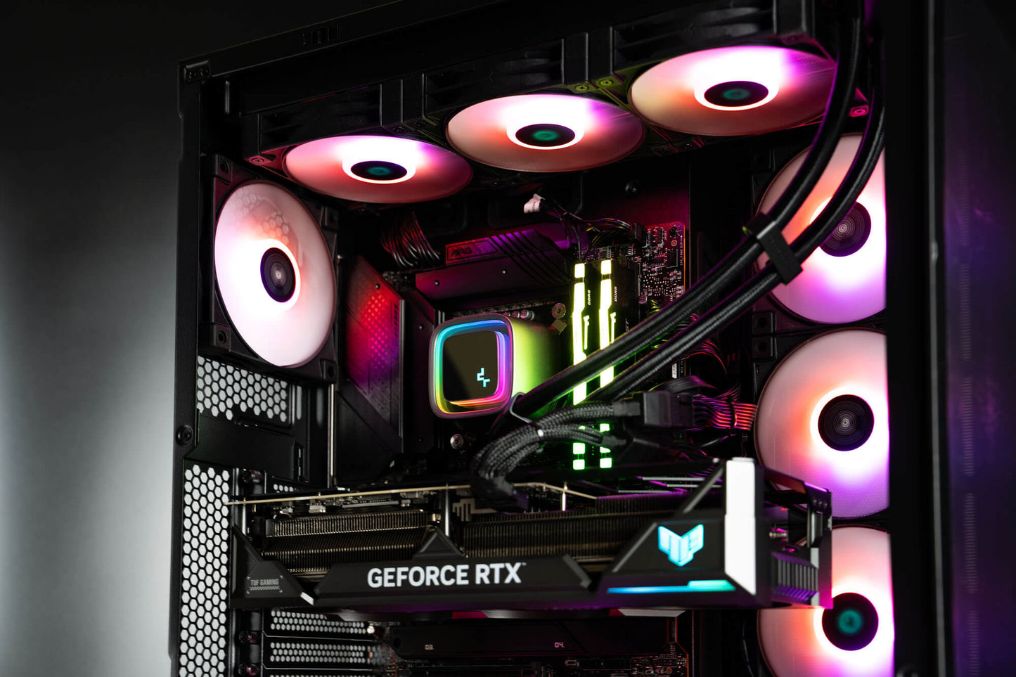 Black Intel custom gaming PC with RGB lighting – Intel Core i9-14900K with ASUS TUF RTX 4090 24GB, 32GB DDR5, 4TB SSD in a high-end case, built for 4K and 8K gaming and content creation in Australia