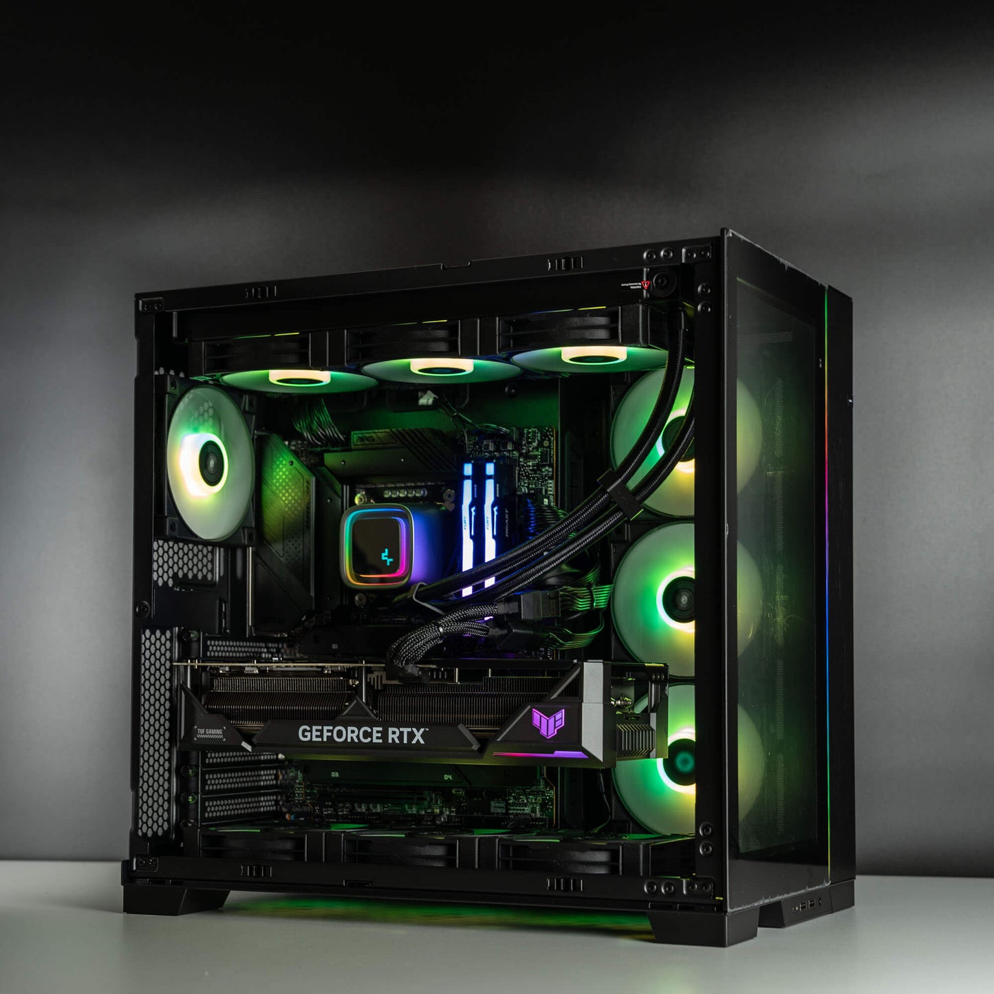 Black Intel custom gaming PC with RGB lighting – Intel Core i9-14900K with ASUS TUF RTX 4090 24GB, 32GB DDR5, 4TB SSD in a high-end case, built for 4K and 8K gaming and content creation in Australia