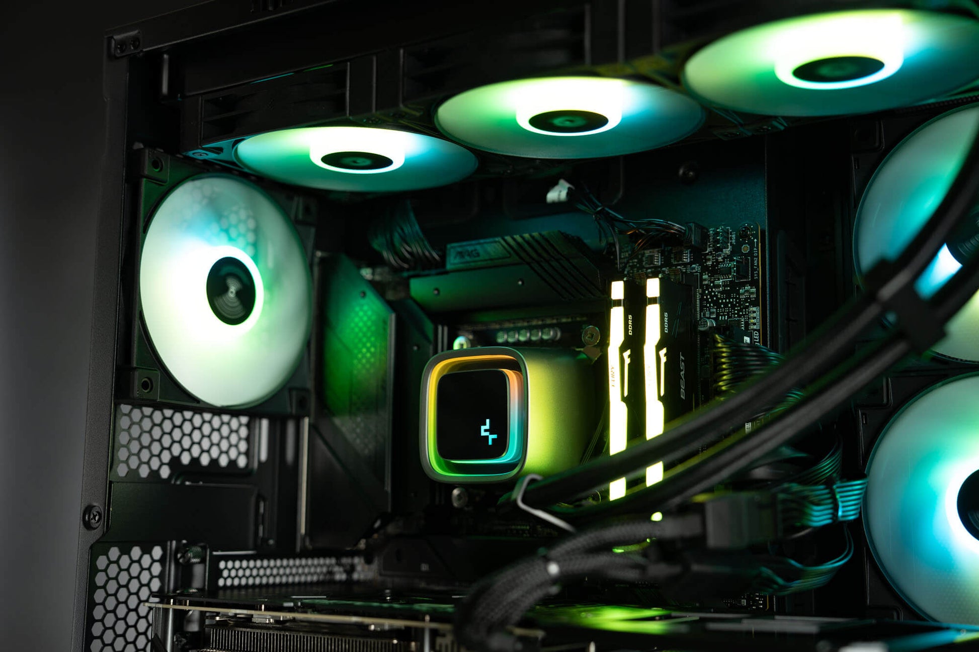 Black Intel custom gaming PC with RGB lighting – Intel Core i9-14900K with ASUS TUF RTX 4090 24GB, 32GB DDR5, 4TB SSD in a high-end case, built for 4K and 8K gaming and content creation in Australia