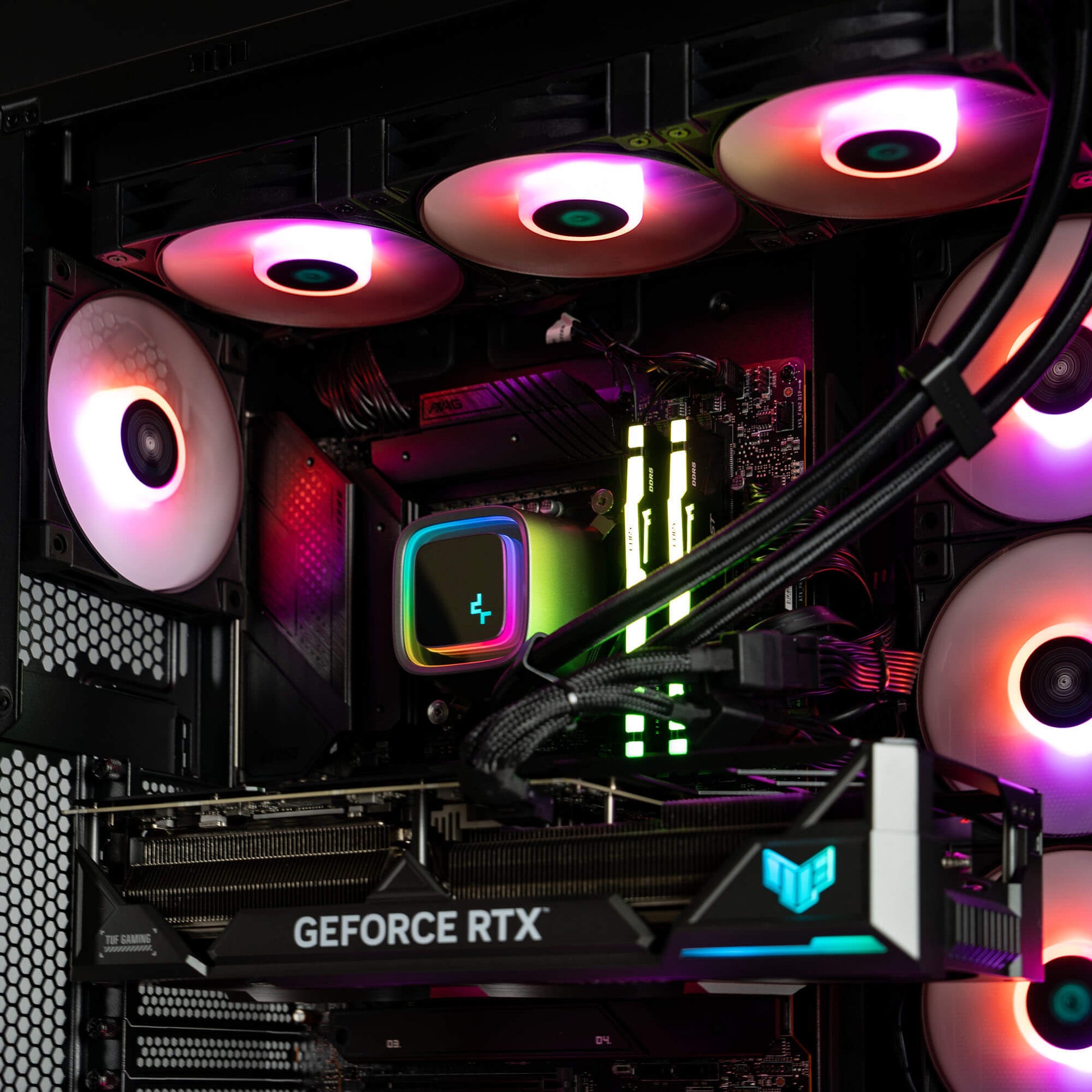 Black Intel custom gaming PC with RGB lighting – Intel Core i9-14900K with ASUS TUF RTX 4090 24GB, 32GB DDR5, 4TB SSD in a high-end case, built for 4K and 8K gaming and content creation in Australia