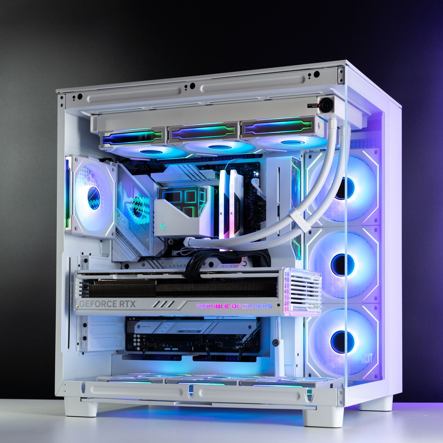 White Intel custom gaming PC with RGB lighting – Intel Core i9-14900K with ASUS ROG Strix RTX 4090, 32GB DDR5, 4TB SSD in NZXT H9 Flow case, designed for 4K and 8K ultra gaming and content creation in Australia