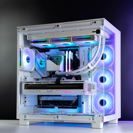 White Intel custom gaming PC with RGB lighting – Intel Core i9-14900K with ASUS ROG Strix RTX 4090, 32GB DDR5, 4TB SSD in NZXT H9 Flow case, designed for 4K and 8K ultra gaming and content creation in Australia