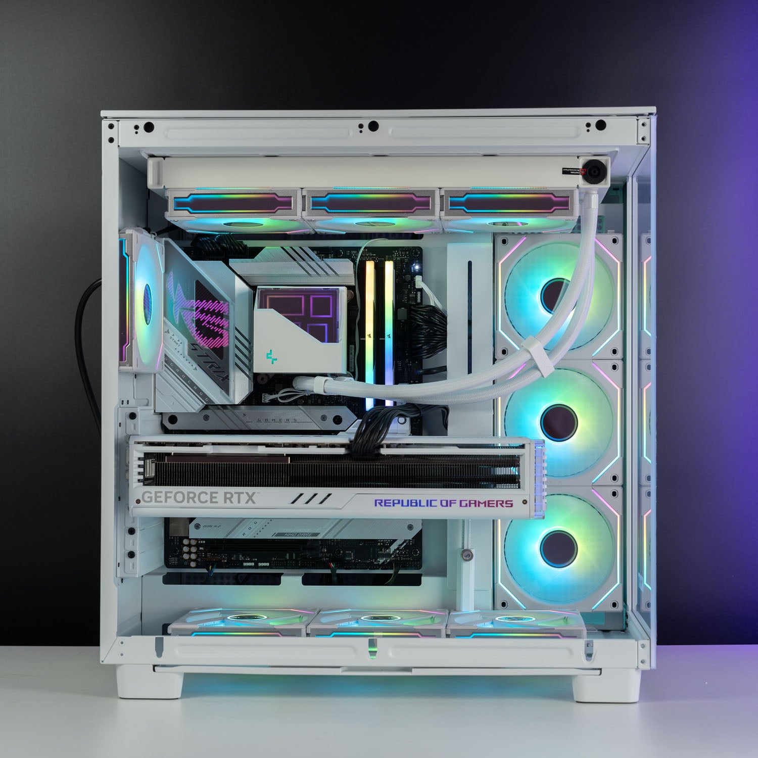 White Intel custom gaming PC with RGB lighting – Intel Core i9-14900K with ASUS ROG Strix RTX 4090, 32GB DDR5, 4TB SSD in NZXT H9 Flow case, designed for 4K and 8K ultra gaming and content creation in Australia