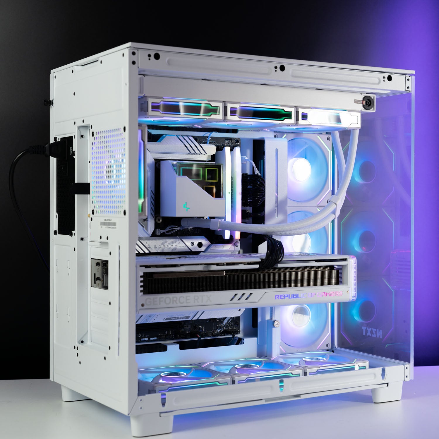 White Intel custom gaming PC with RGB lighting – Intel Core i9-14900K with ASUS ROG Strix RTX 4090, 32GB DDR5, 4TB SSD in NZXT H9 Flow case, designed for 4K and 8K ultra gaming and content creation in Australia