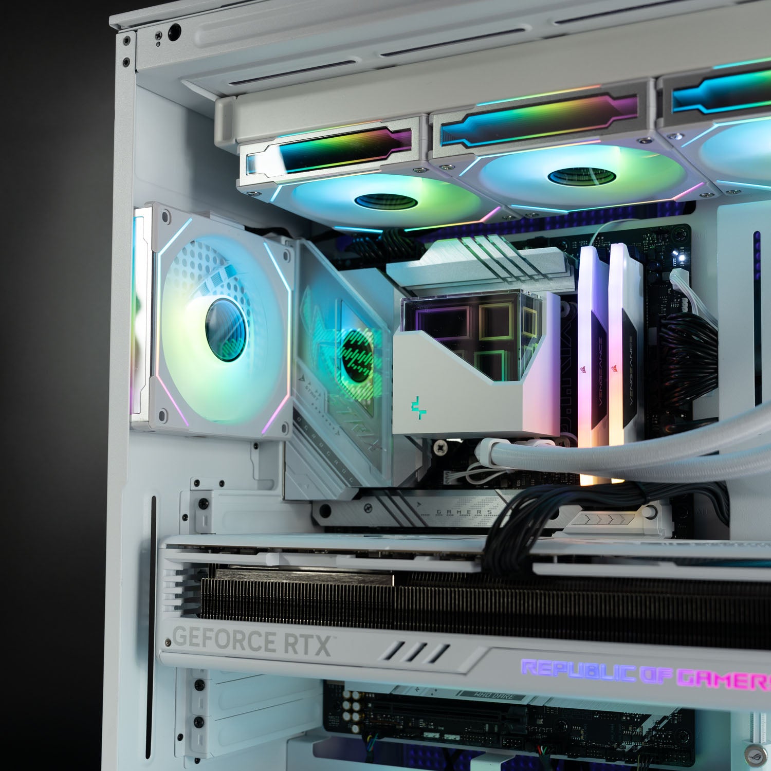 White Intel custom gaming PC with RGB lighting – Intel Core i9-14900K with ASUS ROG Strix RTX 4090, 32GB DDR5, 4TB SSD in NZXT H9 Flow case, designed for 4K and 8K ultra gaming and content creation in Australia