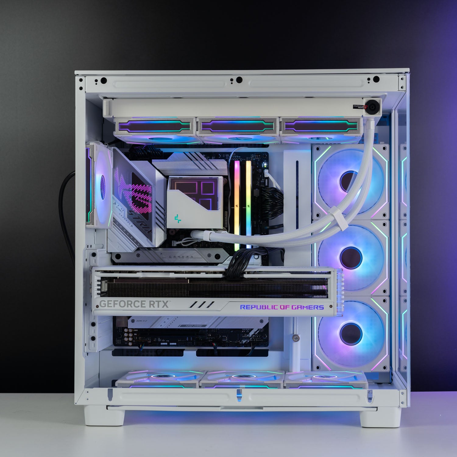 White Intel custom gaming PC with RGB lighting – Intel Core i9-14900K with ASUS ROG Strix RTX 4090, 32GB DDR5, 4TB SSD in NZXT H9 Flow case, designed for 4K and 8K ultra gaming and content creation in Australia
