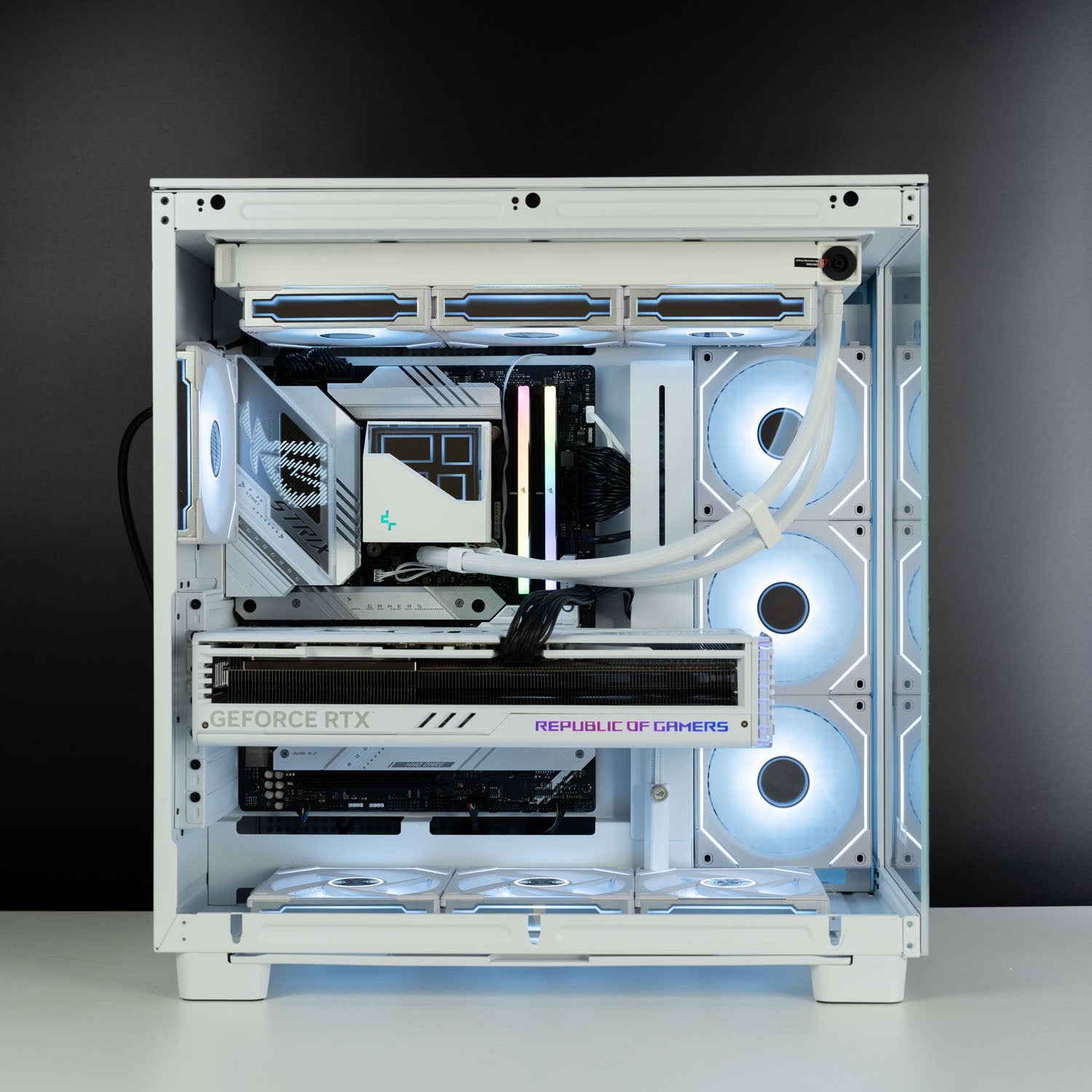 White Intel custom gaming PC with RGB lighting – Intel Core i9-14900K with ASUS ROG Strix RTX 4090, 32GB DDR5, 4TB SSD in NZXT H9 Flow case, designed for 4K and 8K ultra gaming and content creation in Australia