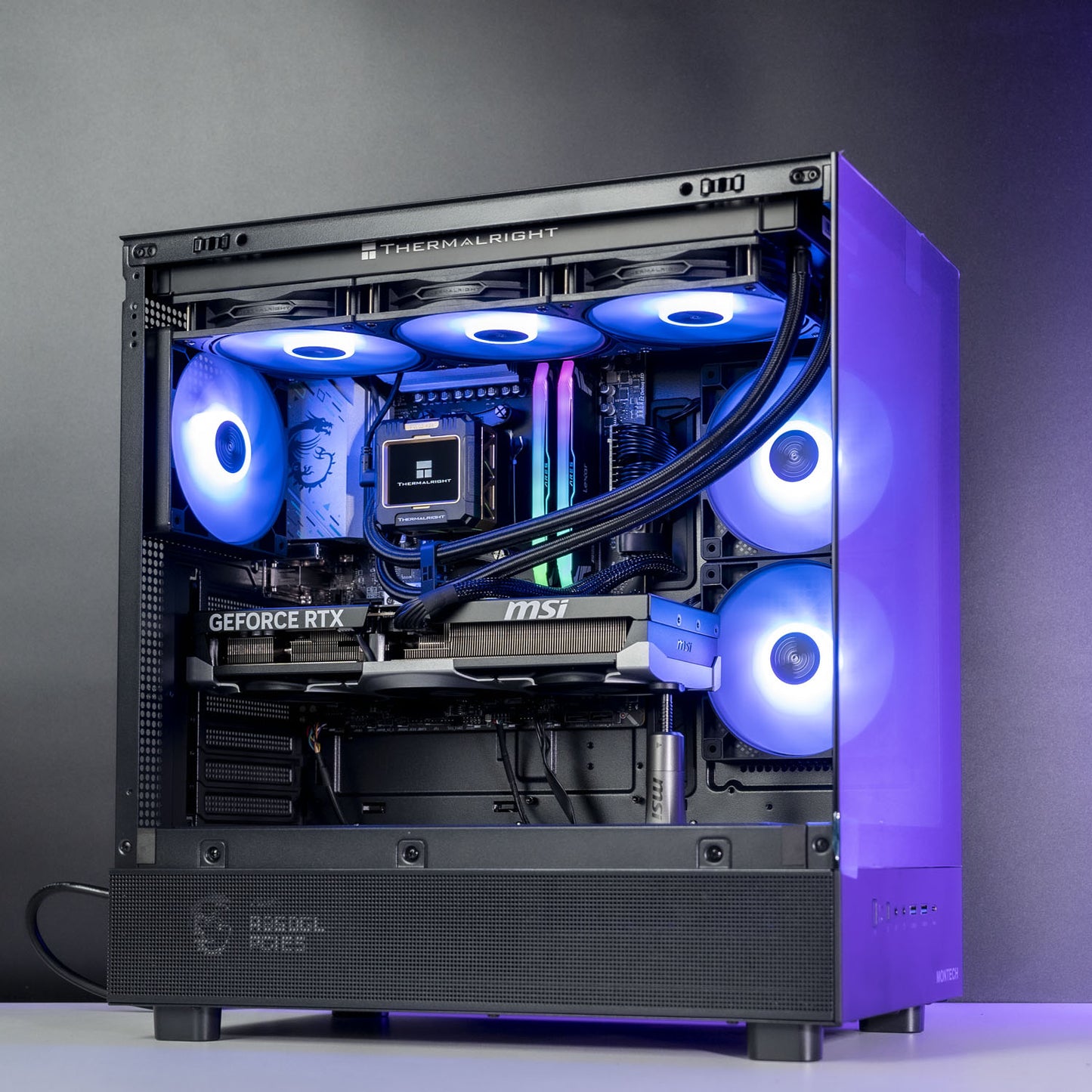 Black AMD custom gaming PC with RGB lighting– Ryzen 7 7800X3D with RTX 5070 Ti, 32GB DDR5, 2TB SSD in Montech XR case, built for 1440p/4K gaming in Australia