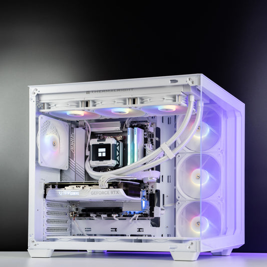 White custom AMD gaming PC with RGB lighting – Ryzen 7 7700 with NVIDIA RTX 4060 Ti 8GB, 32GB DDR5, 1TB SSD in Antec C5 case, perfect for smooth 1080p and 1440p gaming in Australia