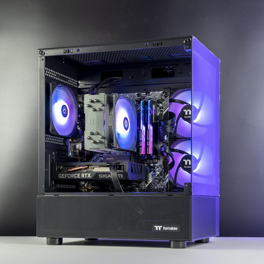 Black AMD custom gaming PC with RGB lighting – Ryzen 5 5600 with NVIDIA RTX 4060 8GB, 32GB DDR4, 1TB SSD in Thermaltake View 170 case, perfect for smooth 1080p and 1440p gaming in Australia