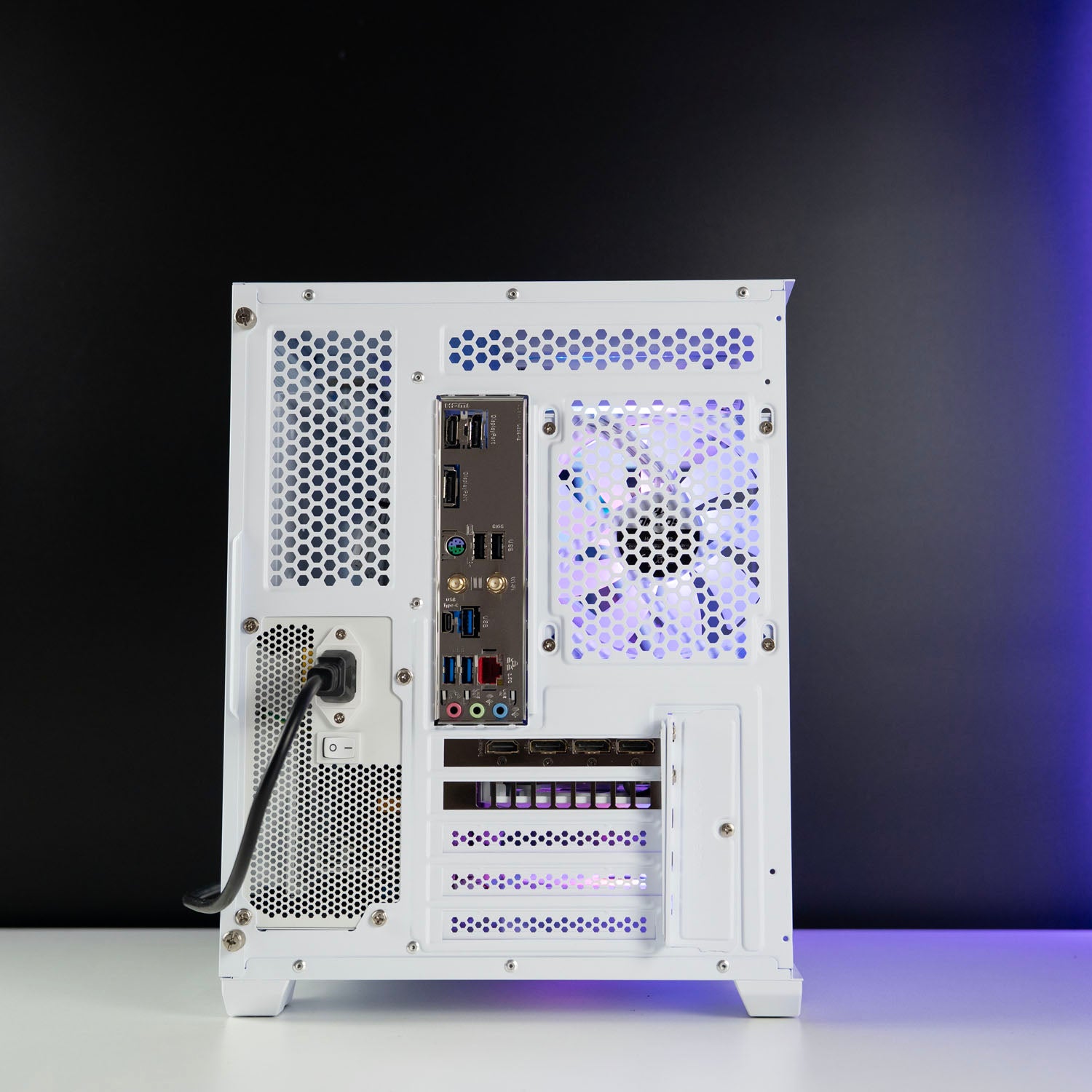 White AMD custom gaming PC with RGB lighting – Ryzen 5 7500F with NVIDIA RTX 5060 8GB, 32GB DDR5, 1TB SSD in Okinos Mirage 4 case, designed for smooth 1080p and 1440p gaming in Australia.