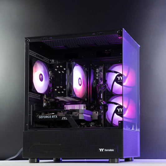 Black AMD custom gaming PC with RGB lighting – Ryzen 5 8400F with NVIDIA RTX 5060 8GB, 32GB DDR5, 1TB SSD in Thermaltake View 170 case, designed for smooth 1080p gaming in Australia