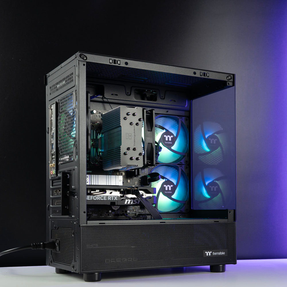 Black AMD custom gaming PC with RGB lighting – Ryzen 5 8400F with NVIDIA RTX 5060 8GB, 32GB DDR5, 1TB SSD in Thermaltake View 170 case, designed for smooth 1080p gaming in Australia