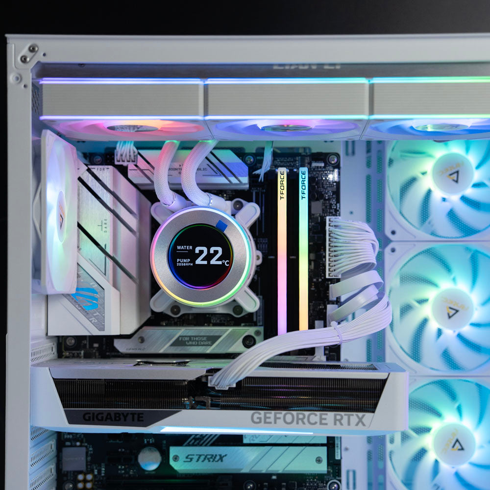 White custom AMD gaming PC with RGB lighting – Ryzen 7 9700X with NVIDIA RTX 5070 12GB, 32GB DDR5, 2TB SSD in Antec C5 case, designed for 1440p and 4K gaming in Australia