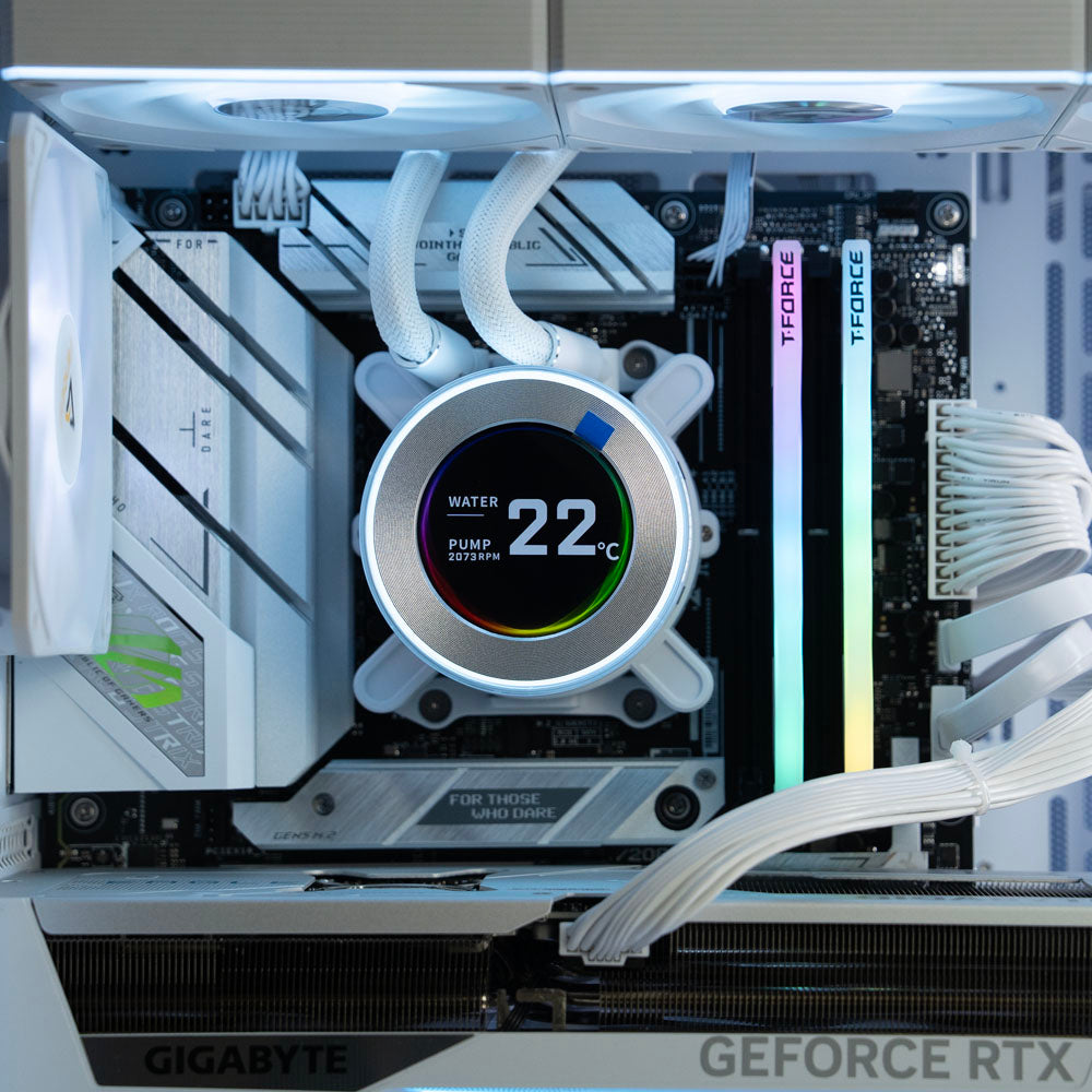 White custom AMD gaming PC with RGB lighting – Ryzen 7 9700X with NVIDIA RTX 5070 12GB, 32GB DDR5, 2TB SSD in Antec C5 case, designed for 1440p and 4K gaming in Australia