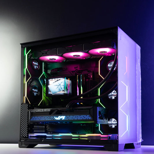 High-end black panoramic AMD gaming PC with RGB lighting – Ryzen 9 9950X3D with ASUS ROG Strix RTX 5070 Ti 16GB, 64GB DDR5, 2TB SSD, TRYX Panorama 360mm liquid cooler, and multiple Lian Li LCD fans in Lian Li O11 Vision Compact case, designed for smooth 1440p/4K gaming and creative workloads in Australia.