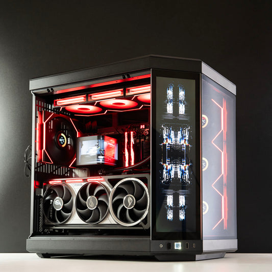 Black AMD custom gaming PC with RGB lighting – Ryzen 9 9950X3D with NVIDIA RTX 5090 Astral, 64GB DDR5, 4TB SSD in Hyte case, designed for 4K/8K ultra gaming and content creation in Australia