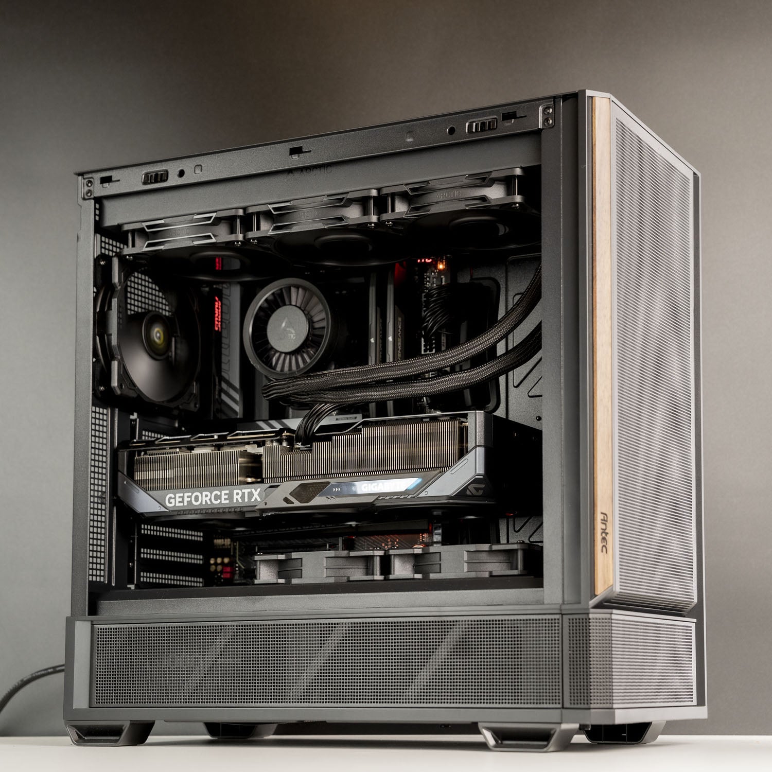 Intel Workstation PC with Core Ultra 7 270K Plus and RTX 5080 — Antec P30 AIR case, front view