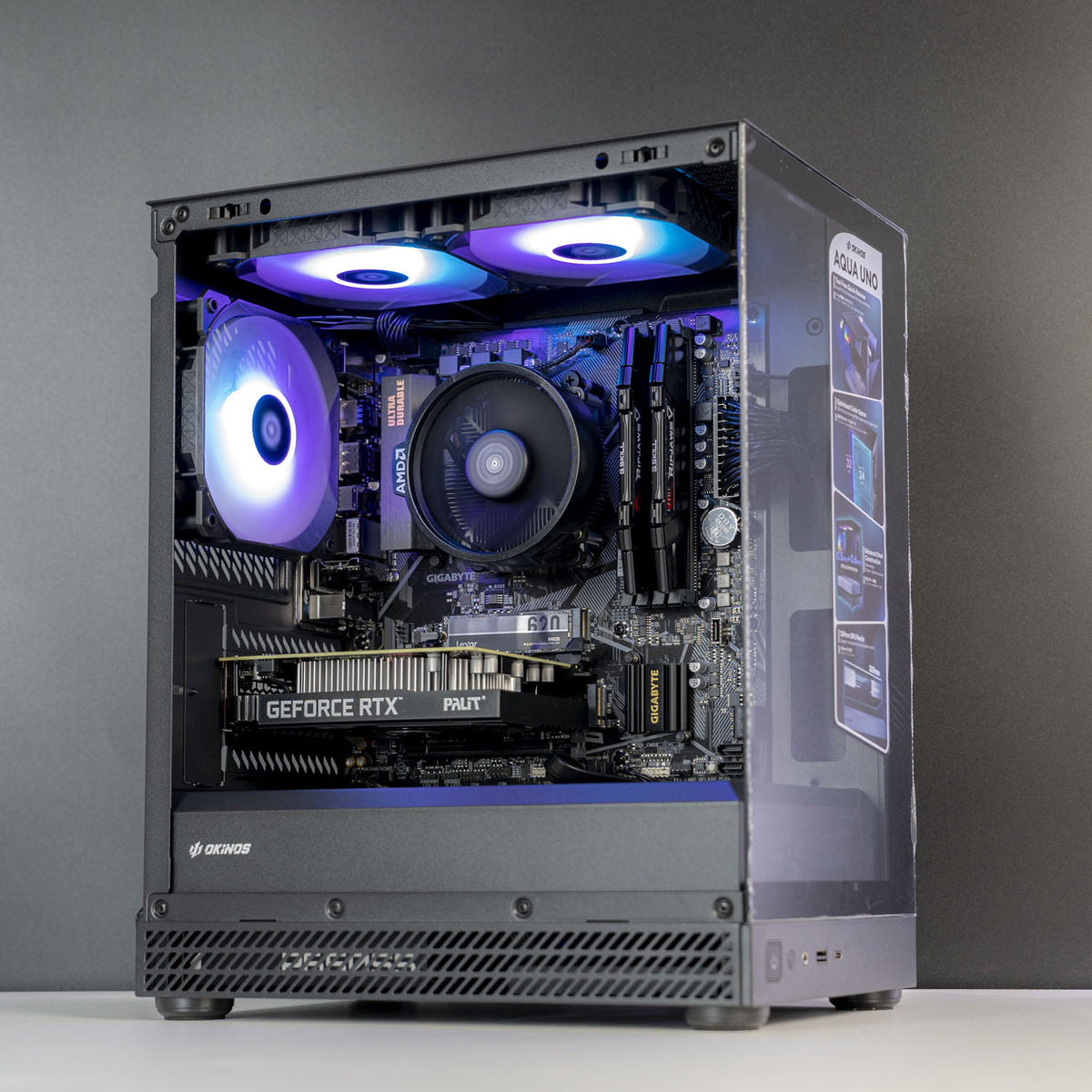 AMD Gaming PC with Ryzen 5 5600 and RTX 3050 — Okinos Aqua Uno case in black, front view