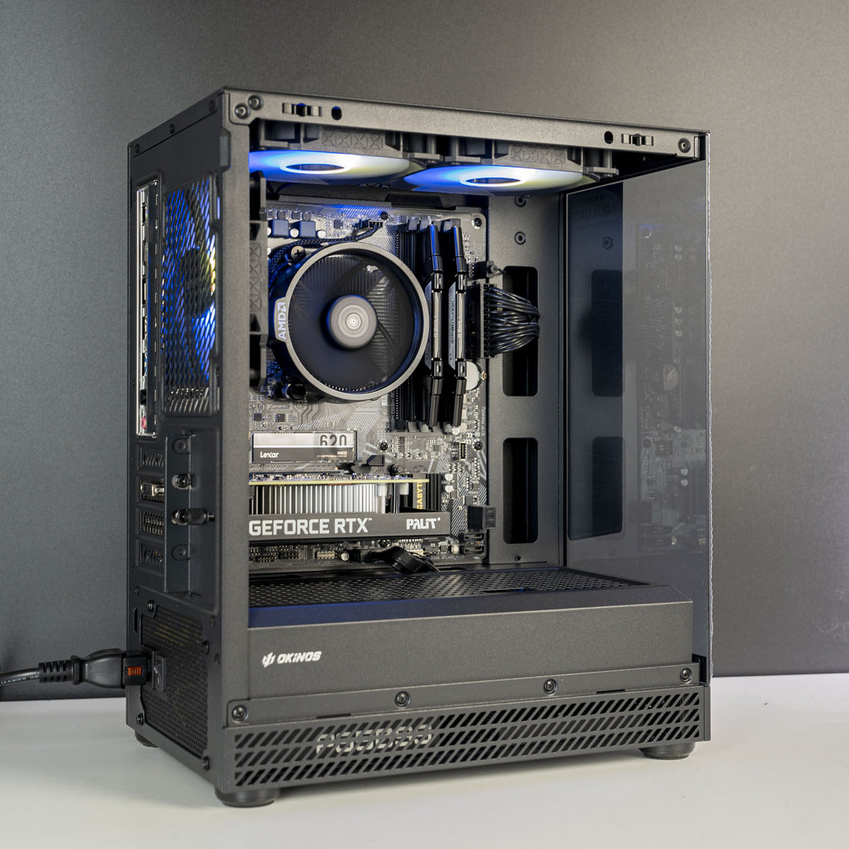 AMD gaming PC side profile with RTX 3050 visible