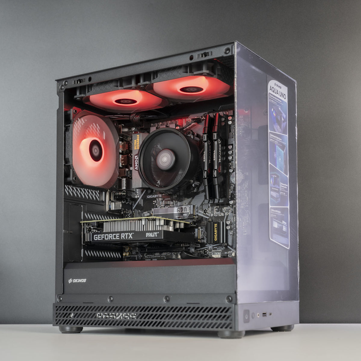 AMD Gaming PC side view, Okinos Aqua Uno case in black