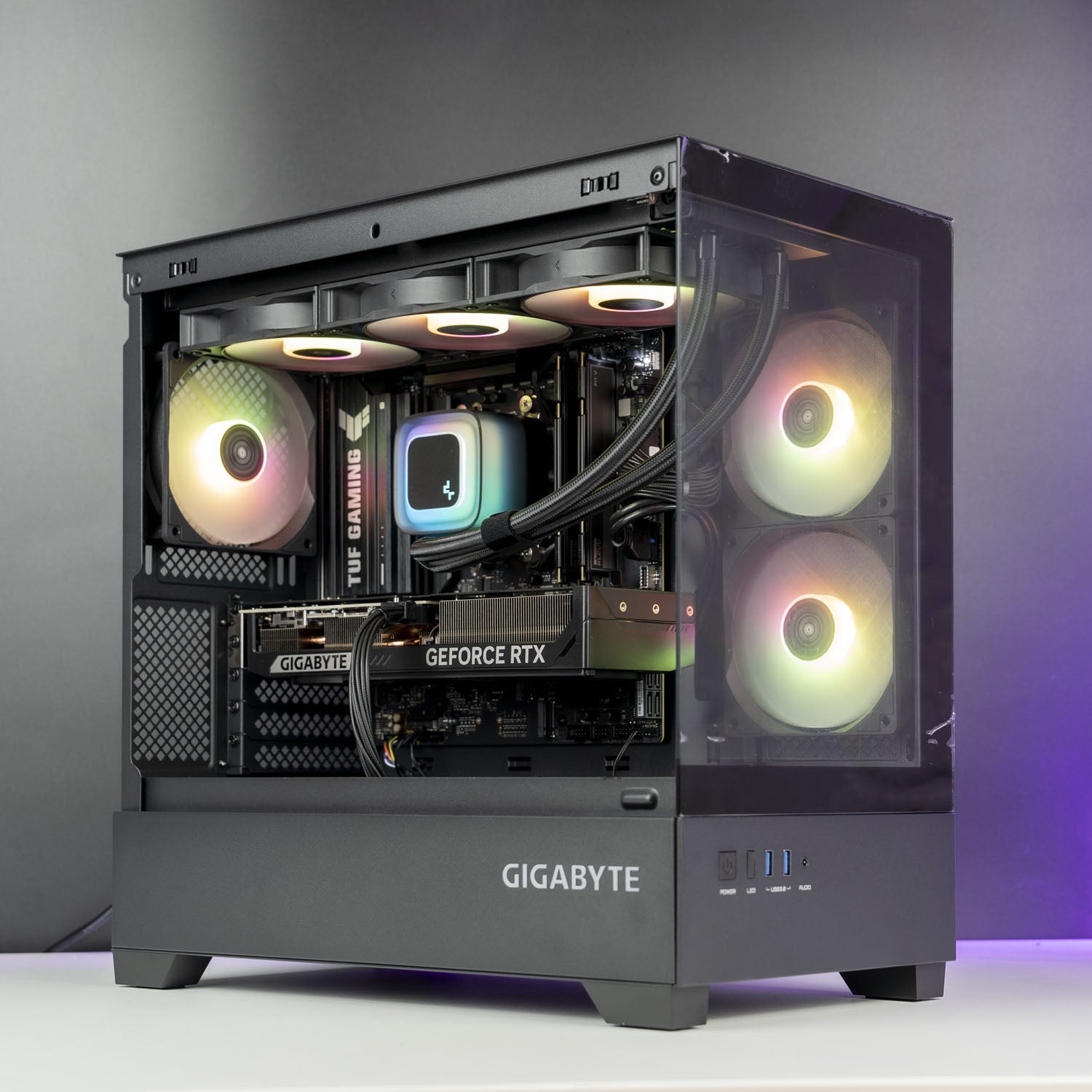 AMD Ryzen 7 9800X3D gaming PC with RTX 5070 12GB and 360mm RGB liquid cooler in Gigabyte C201 case