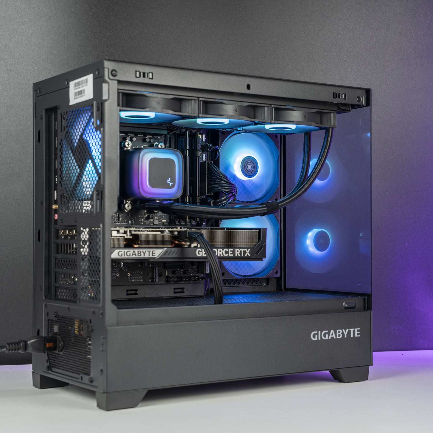AMD Ryzen 7 9800X3D gaming PC with RTX 5070 12GB and 360mm RGB liquid cooler in Gigabyte C201 case