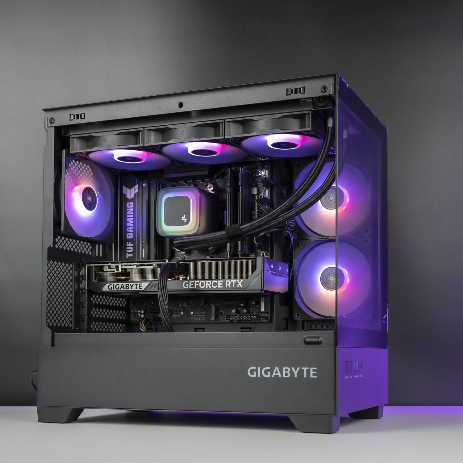 AMD Ryzen 7 9800X3D gaming PC with RTX 5070 12GB and 360mm RGB liquid cooler in Gigabyte C201 case