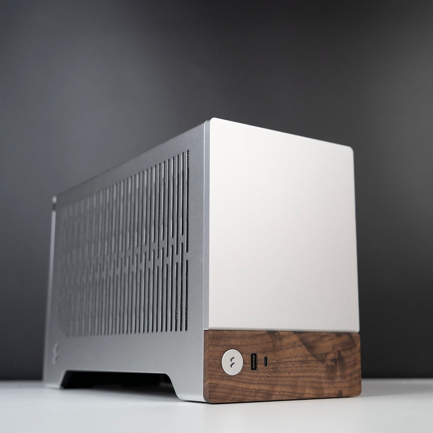 Fractal Terra Mini-ITX case front mesh panel detail in silver
