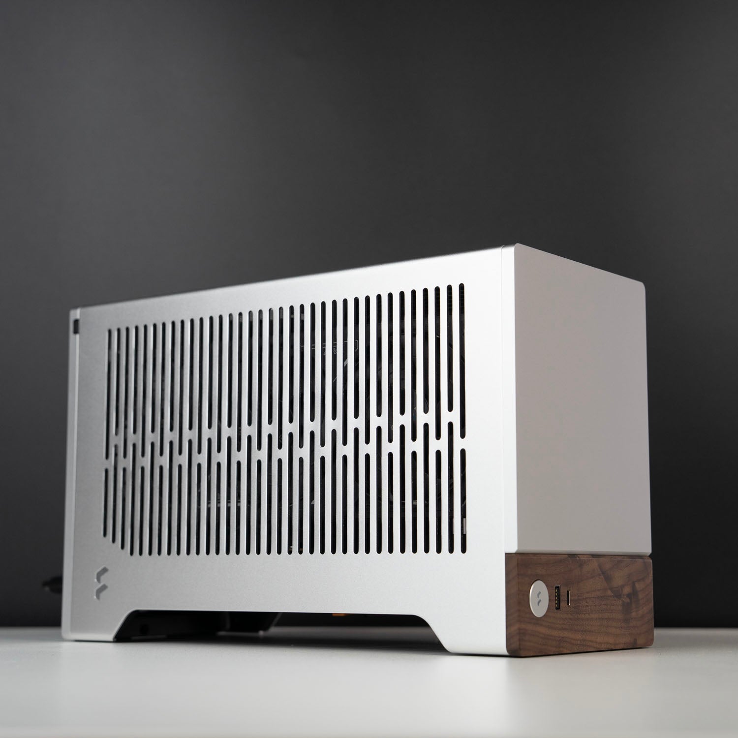 AMD Mini-ITX PC with Ryzen 7 9800X3D and RTX 5070 Ti — Fractal Terra case in silver, front view