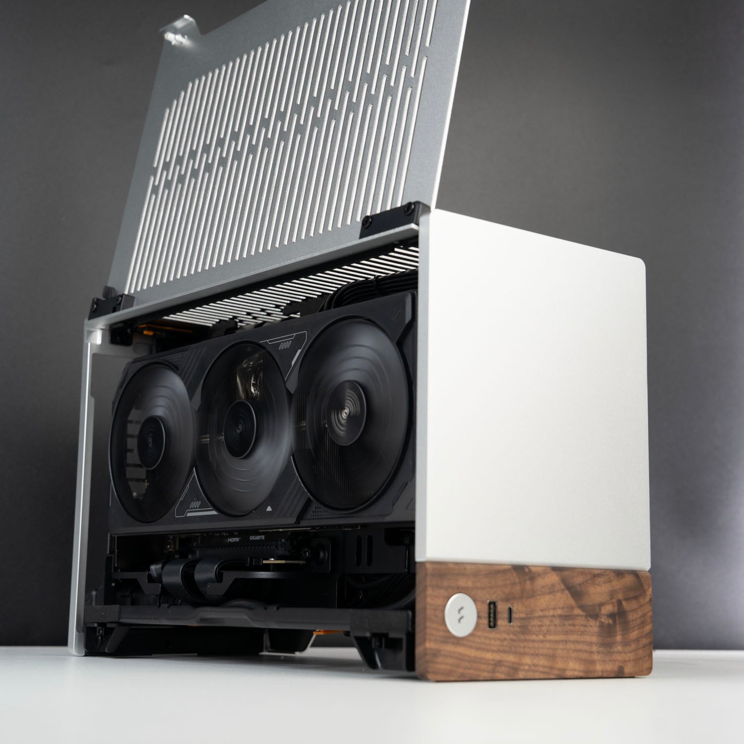Fractal Terra ITX case open showing Gigabyte RTX 5070 Ti 16GB installed
