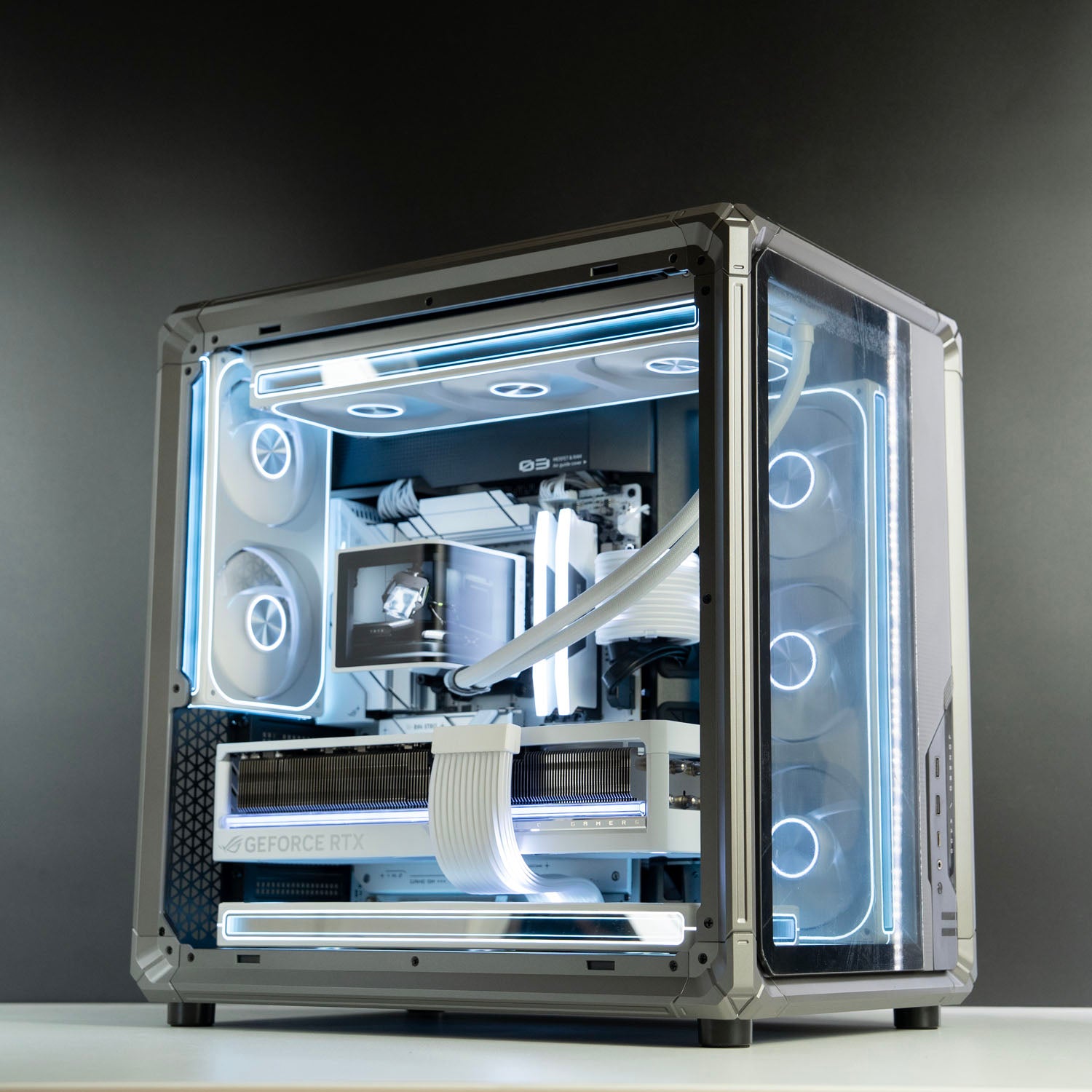 BYB Computers custom white gaming PC featuring Jonsbo X400 case, TRYX Panorama 360 AIO, and Lian Li Strimer RGB cables