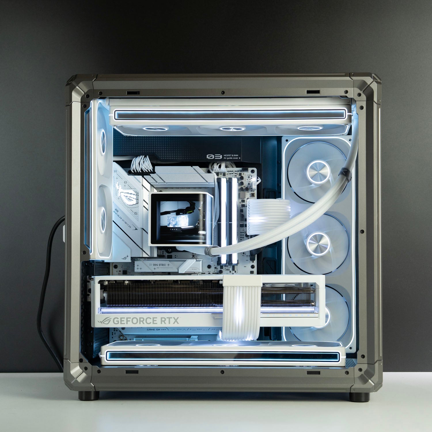 BYB Computers custom white gaming PC featuring Jonsbo X400 case, TRYX Panorama 360 AIO, and Lian Li Strimer RGB cables