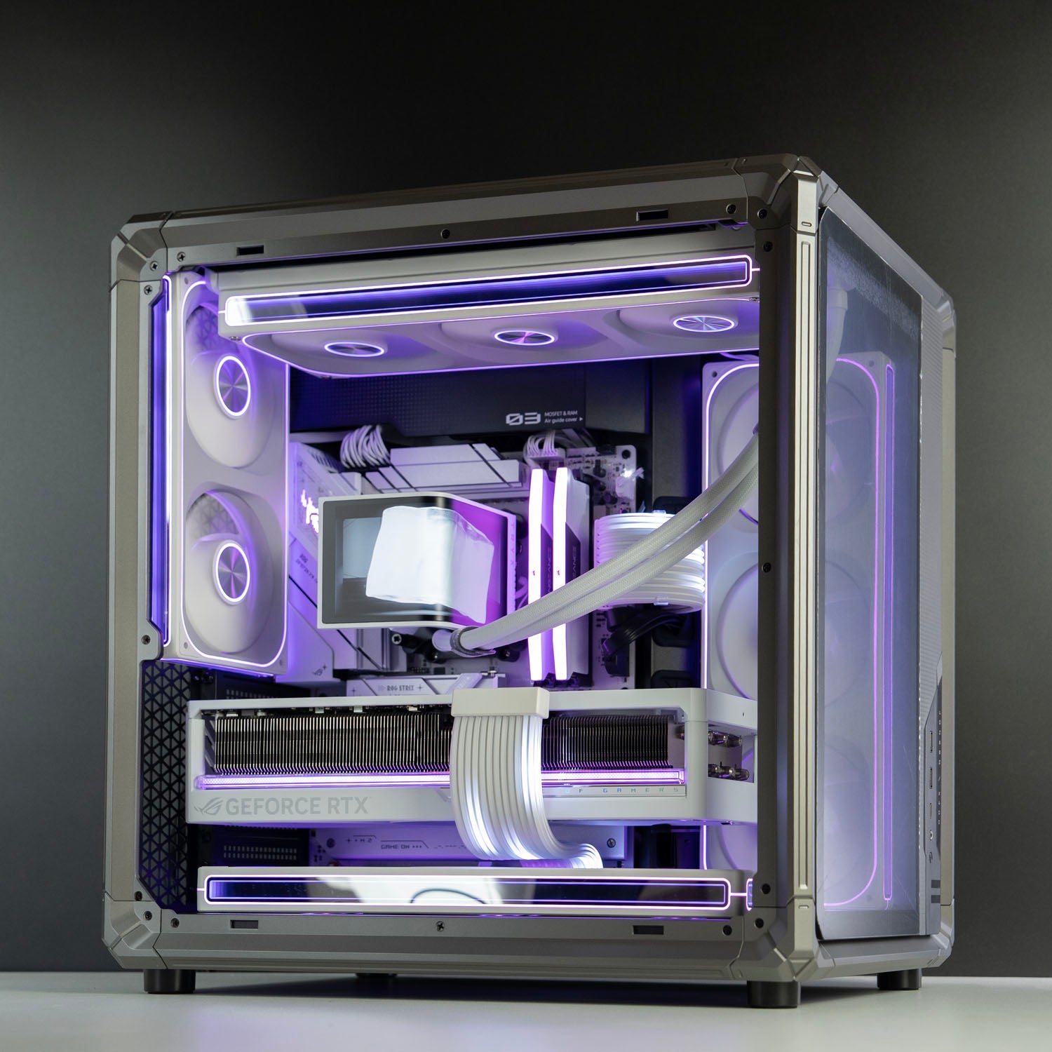 BYB Computers custom white gaming PC featuring Jonsbo X400 case, TRYX Panorama 360 AIO, and Lian Li Strimer RGB cables