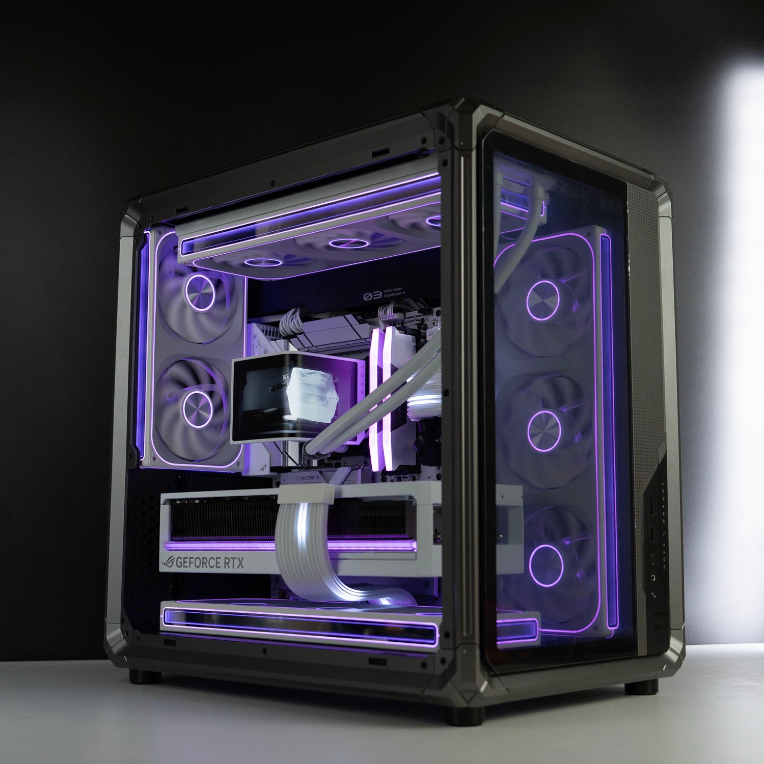 BYB Computers custom white gaming PC featuring Jonsbo X400 case, TRYX Panorama 360 AIO, and Lian Li Strimer RGB cables