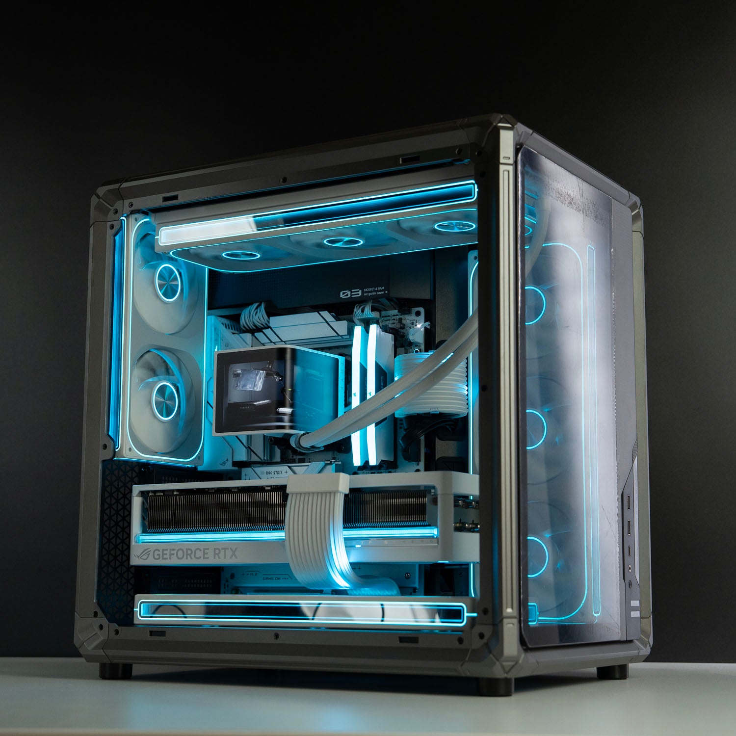 BYB Computers custom white gaming PC featuring Jonsbo X400 case, TRYX Panorama 360 AIO, and Lian Li Strimer RGB cables
