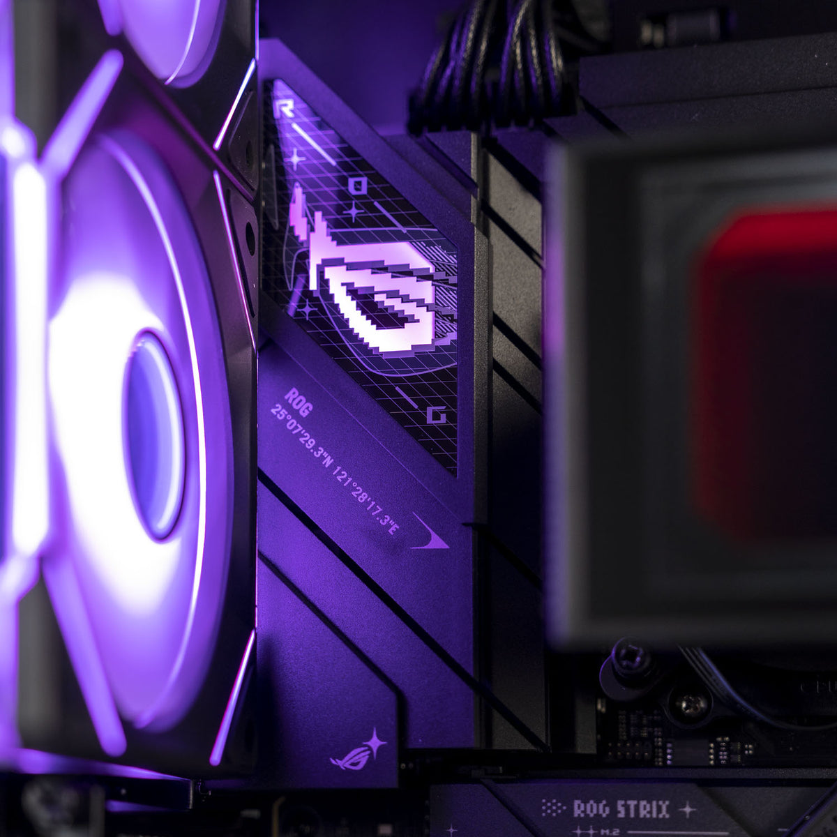 Close-up of a high-performance PC interior with ROG logo on Asus B850-F motherboard