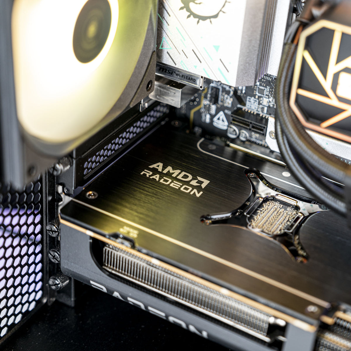 Close-up of an AMD Radeon graphics card installed in a PC case