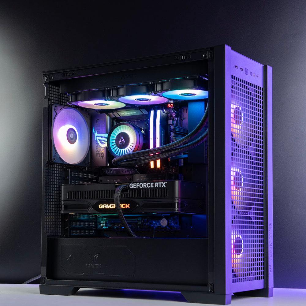 High-end black AMD custom gaming PC with RGB lighting – Ryzen 9 9950X3D with NVIDIA RTX 5090 32GB, 96GB DDR5, 4TB Gen5 SSD and 420mm liquid cooler in ASUS TUF GT302 case, built for ultra 4K and 8K gaming, streaming, and professional creative workloads in Australia.