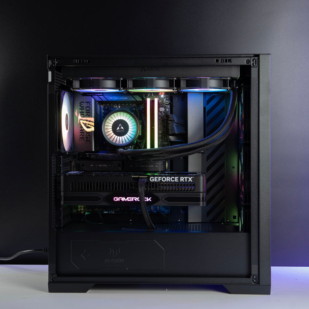 High-end black AMD custom gaming PC with RGB lighting – Ryzen 9 9950X3D with NVIDIA RTX 5090 32GB, 96GB DDR5, 4TB Gen5 SSD and 420mm liquid cooler in ASUS TUF GT302 case, built for ultra 4K and 8K gaming, streaming, and professional creative workloads in Australia.