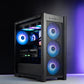 High-end black AMD custom gaming PC with RGB lighting – Ryzen 9 9950X3D with NVIDIA RTX 5090 32GB, 96GB DDR5, 4TB Gen5 SSD and 420mm liquid cooler in ASUS TUF GT302 case, built for ultra 4K and 8K gaming, streaming, and professional creative workloads in Australia.