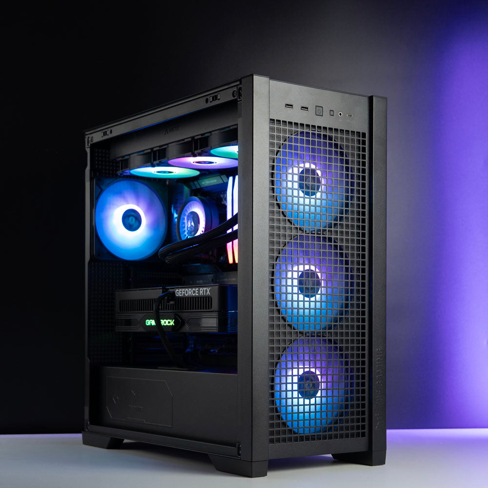 High-end black AMD custom gaming PC with RGB lighting – Ryzen 9 9950X3D with NVIDIA RTX 5090 32GB, 96GB DDR5, 4TB Gen5 SSD and 420mm liquid cooler in ASUS TUF GT302 case, built for ultra 4K and 8K gaming, streaming, and professional creative workloads in Australia.