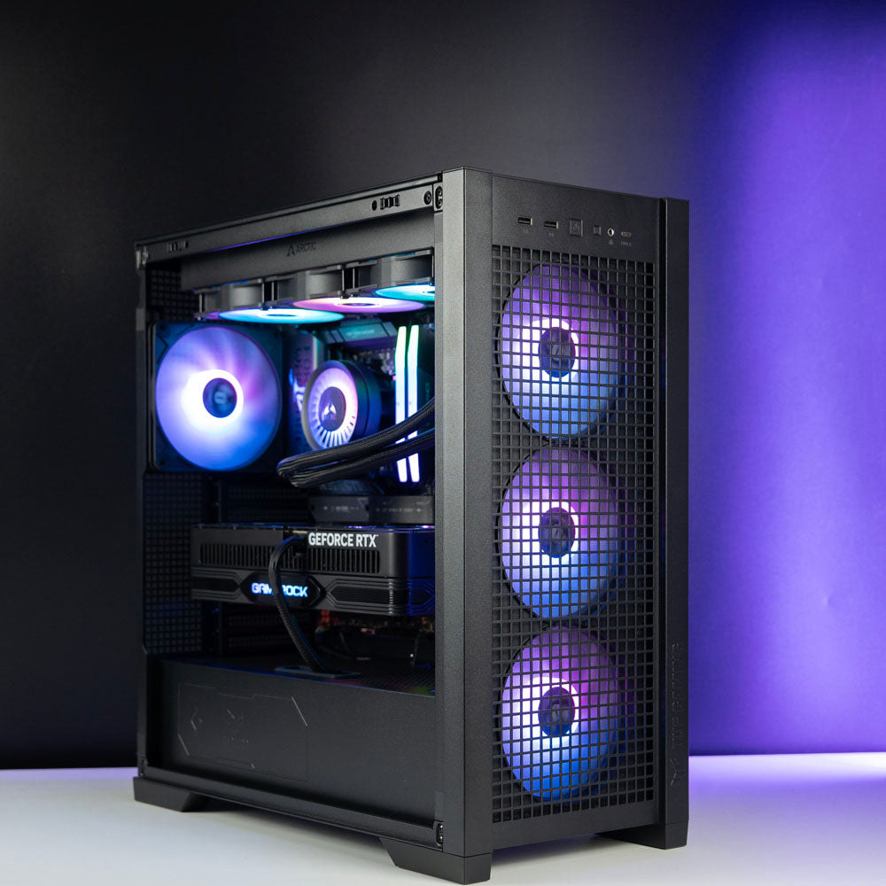 High-end black AMD custom gaming PC with RGB lighting – Ryzen 9 9950X3D with NVIDIA RTX 5090 32GB, 96GB DDR5, 4TB Gen5 SSD and 420mm liquid cooler in ASUS TUF GT302 case, built for ultra 4K and 8K gaming, streaming, and professional creative workloads in Australia.