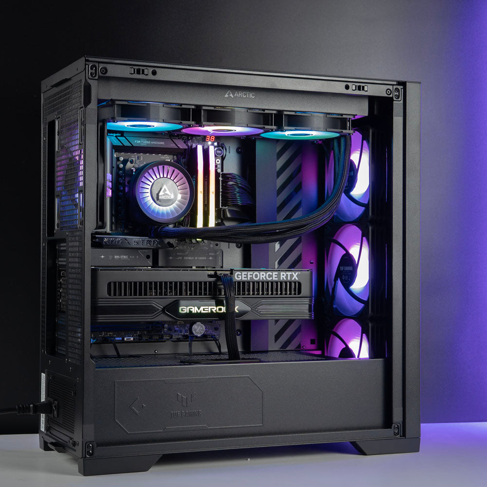 High-end black AMD custom gaming PC with RGB lighting – Ryzen 9 9950X3D with NVIDIA RTX 5090 32GB, 96GB DDR5, 4TB Gen5 SSD and 420mm liquid cooler in ASUS TUF GT302 case, built for ultra 4K and 8K gaming, streaming, and professional creative workloads in Australia.