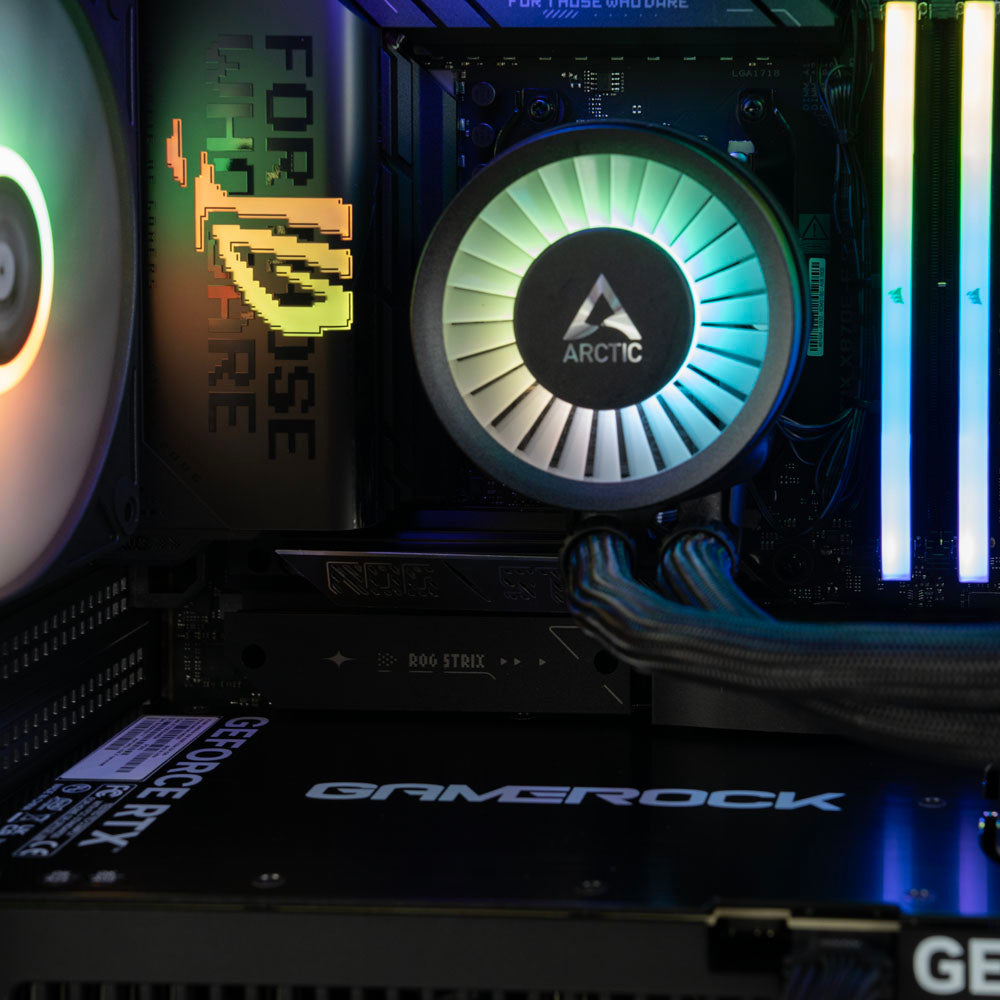 High-end black AMD custom gaming PC with RGB lighting – Ryzen 9 9950X3D with NVIDIA RTX 5090 32GB, 96GB DDR5, 4TB Gen5 SSD and 420mm liquid cooler in ASUS TUF GT302 case, built for ultra 4K and 8K gaming, streaming, and professional creative workloads in Australia.