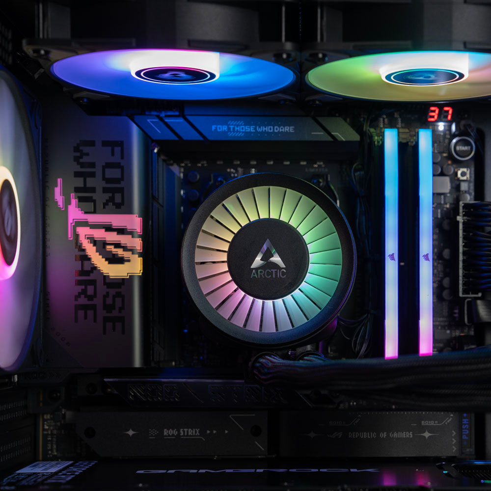 High-end black AMD custom gaming PC with RGB lighting – Ryzen 9 9950X3D with NVIDIA RTX 5090 32GB, 96GB DDR5, 4TB Gen5 SSD and 420mm liquid cooler in ASUS TUF GT302 case, built for ultra 4K and 8K gaming, streaming, and professional creative workloads in Australia.